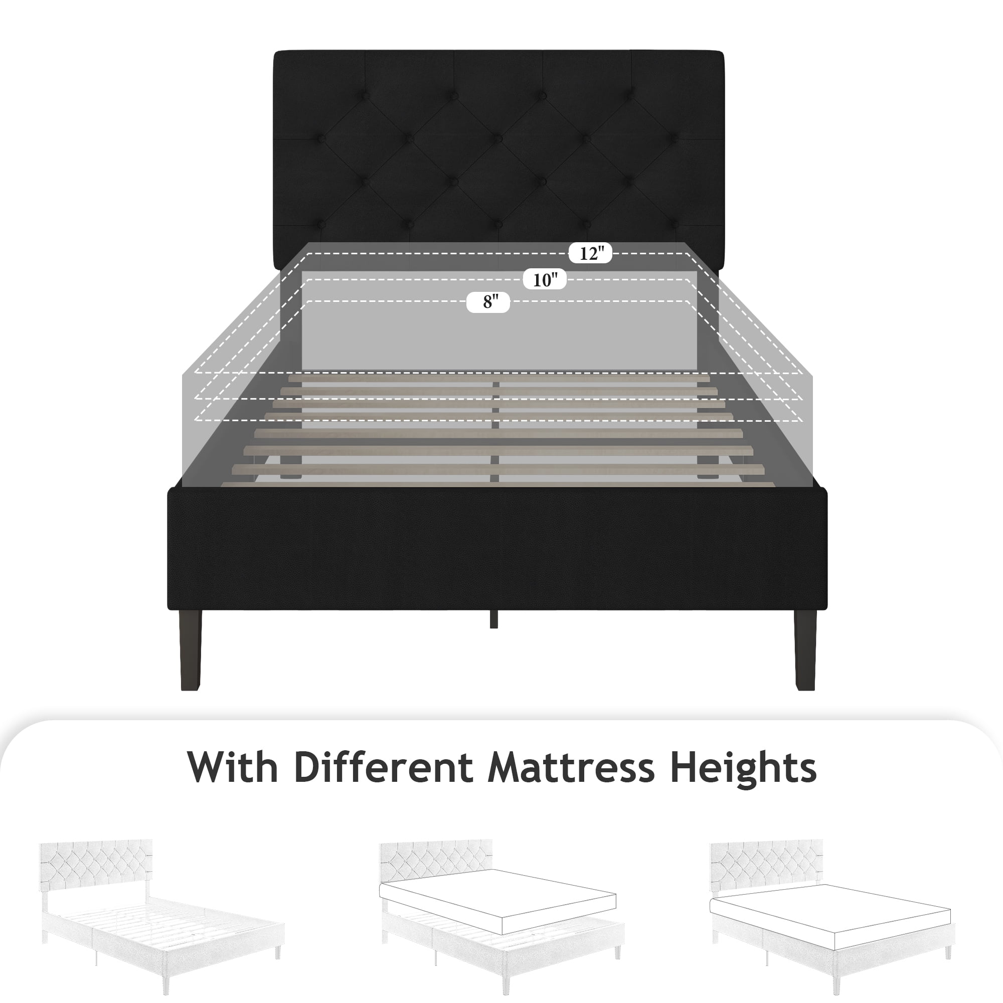 4 Ever Winner Modern Upholstered Twin Platform Bed Frame with Button Tufted Headboard, Black