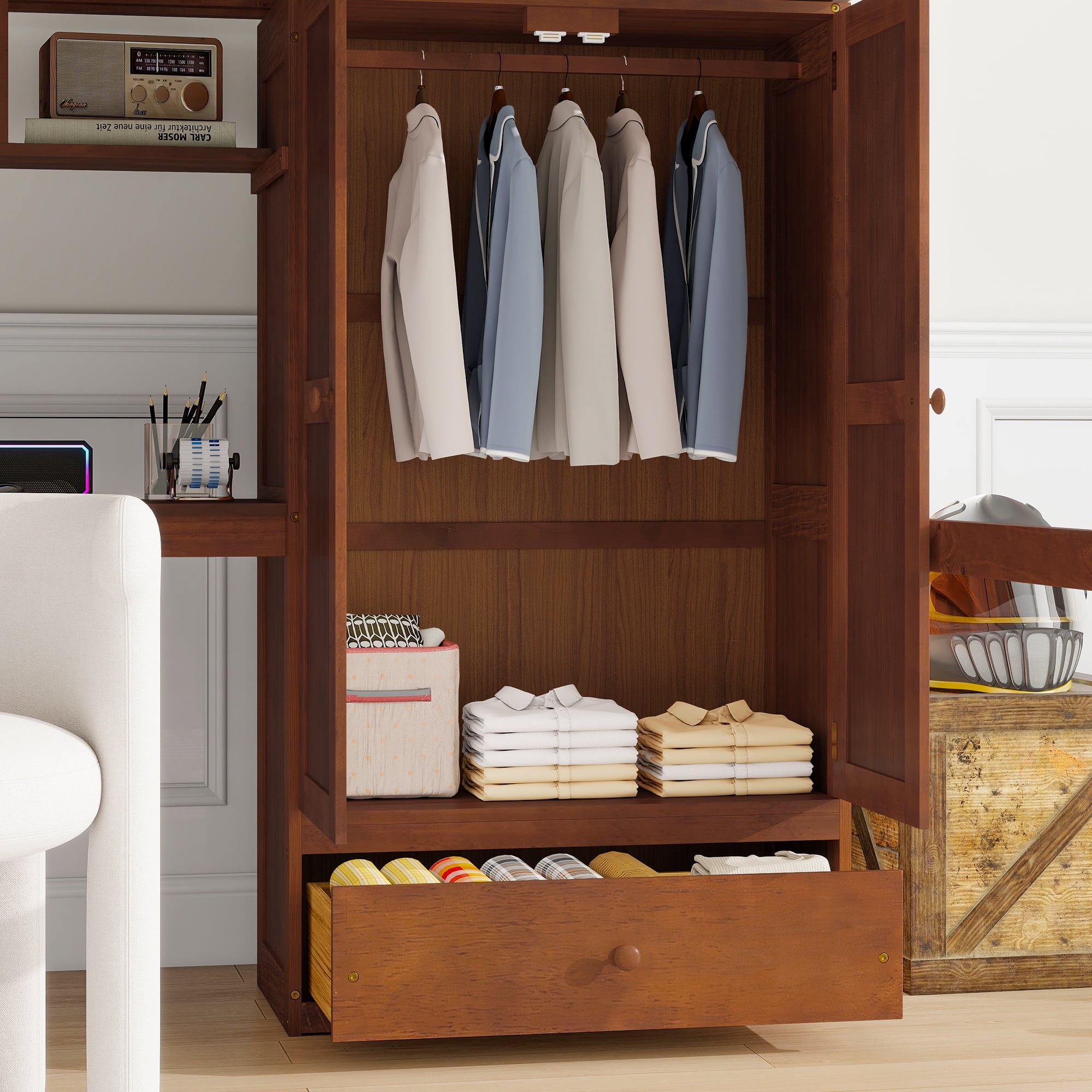 Mintazer Full Size Loft Bed with L-Shaped Desk & Wardrobe, Loft Bed with Storage Staircase & Charging Station, Walnut