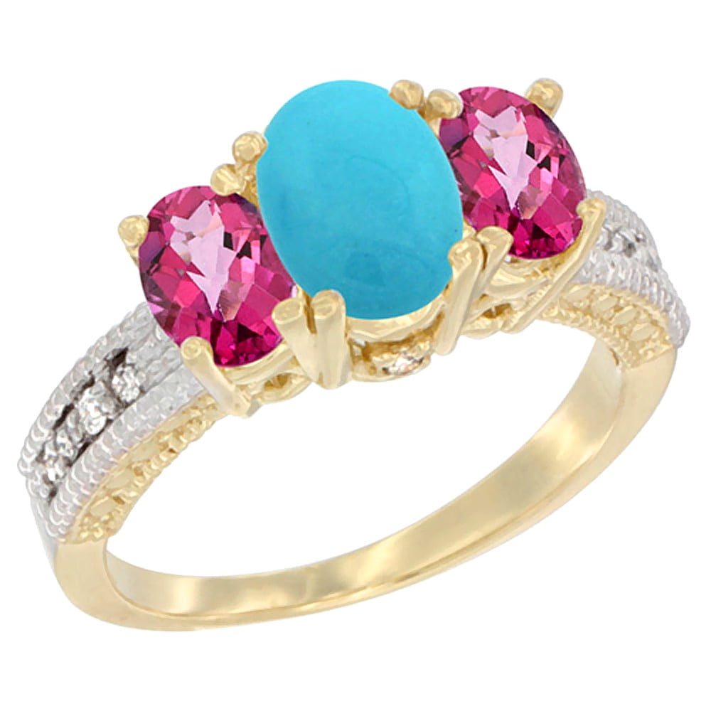 14K Yellow Gold Diamond Natural Turquoise Ring Oval 3-stone with Pink Topaz, sizes 5 10 by WorldJewels