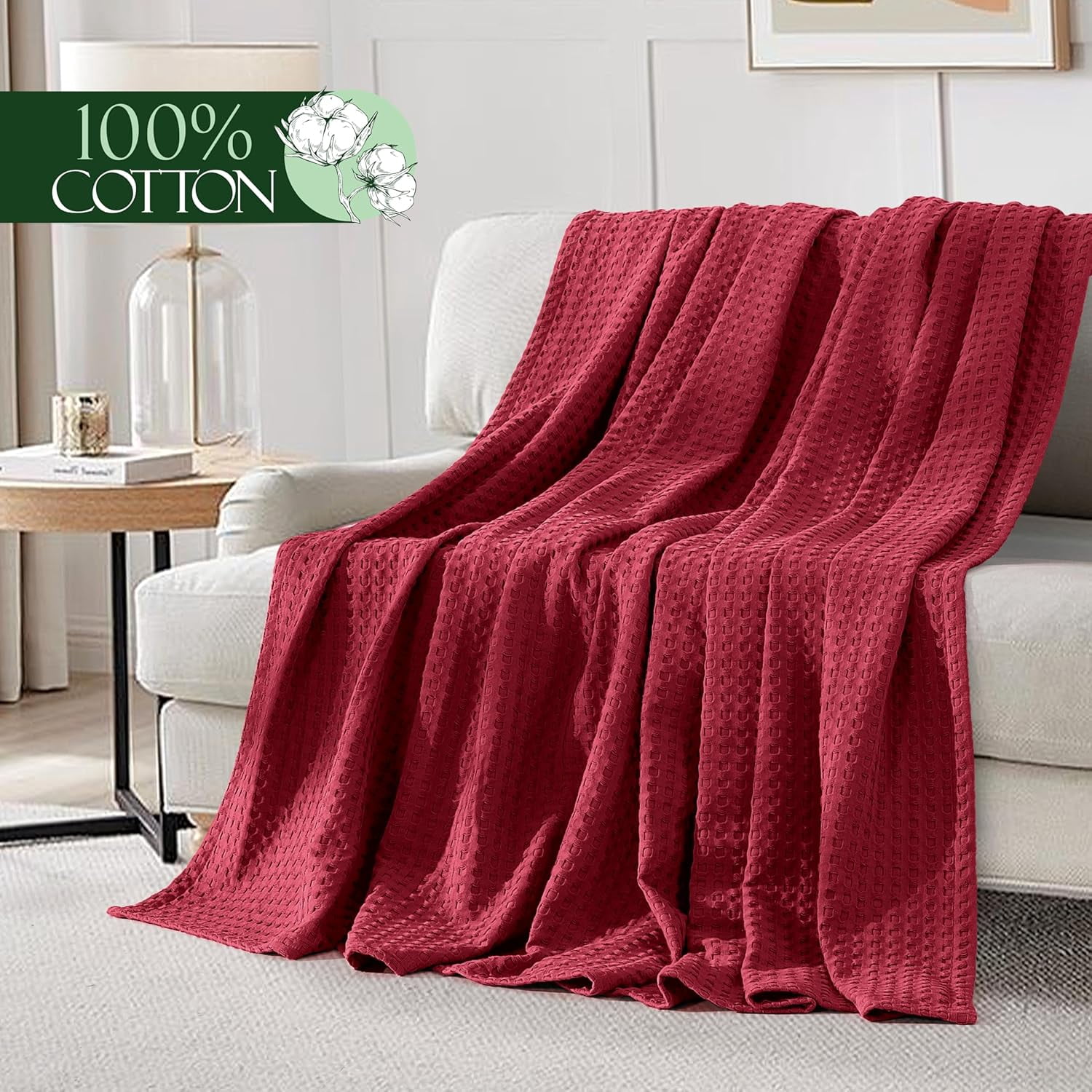Elegant Comfort Cotton Waffle Blanket, Lightweight All-Season Bed Blanket,King Size 90x108 Inches, Burgundy