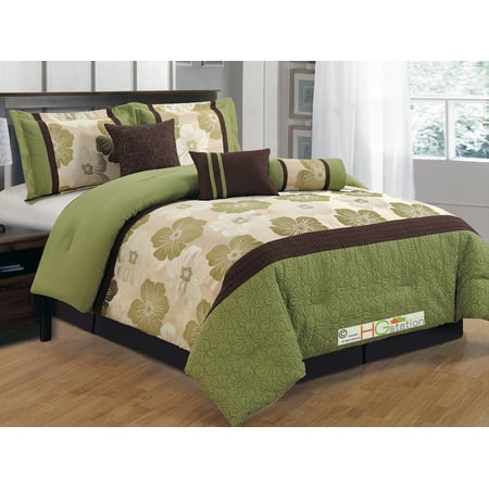 11 Pc Quilted Jacquard Flower Striped Comforter Curtain Set Sage
