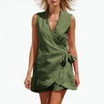 thumbnail image 2 of SOOMLON Linen Outfits for Ladies Plus Size V Neck Front Tie Sleeveless Shirts Asymmetrical Blouse Short Two Piece Sets, 2 of 8