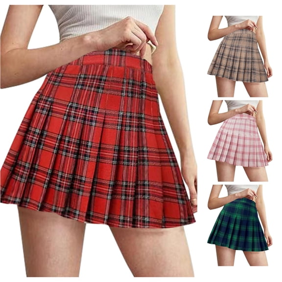 Rggeeun Womens Skirts Plaid Graphic Pleated Skirt A-Line Elastic Waist Play Sports,Red,M