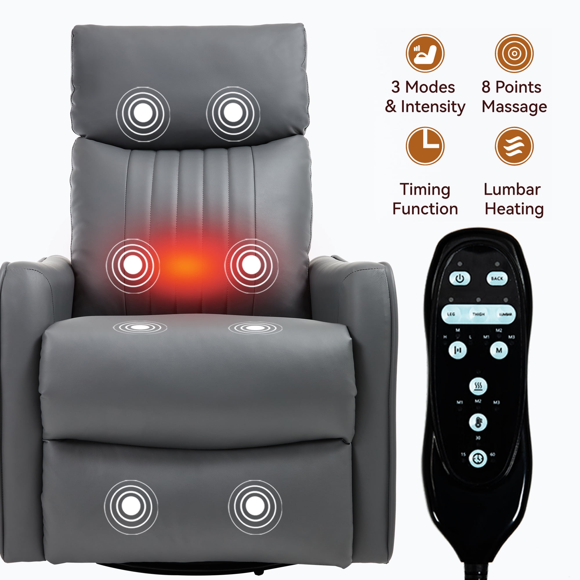 Gewnee 360° Swivel Rocking Recliner with Massage & Heat, Adjustable Reclining Angle, for Living Room & Office，Grayish Green