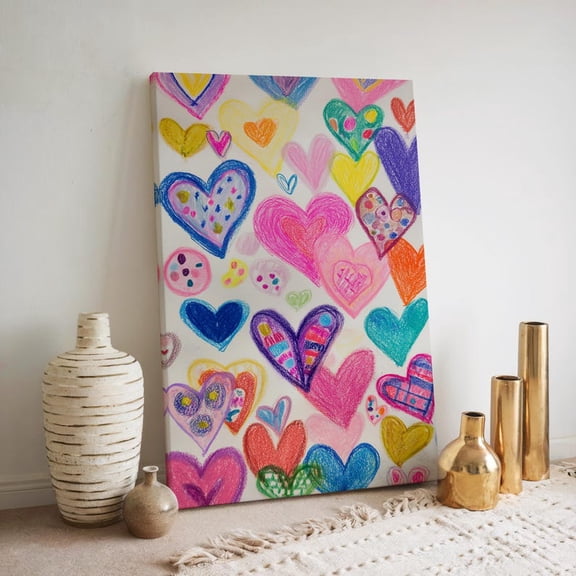 Velto Pastel Heart Canvas, Crayon Love Wall Art, Colorful Valentine Inspired Decor, SIZE 8x10 INCLUDE Pine Wood Frame 1.25-Inch