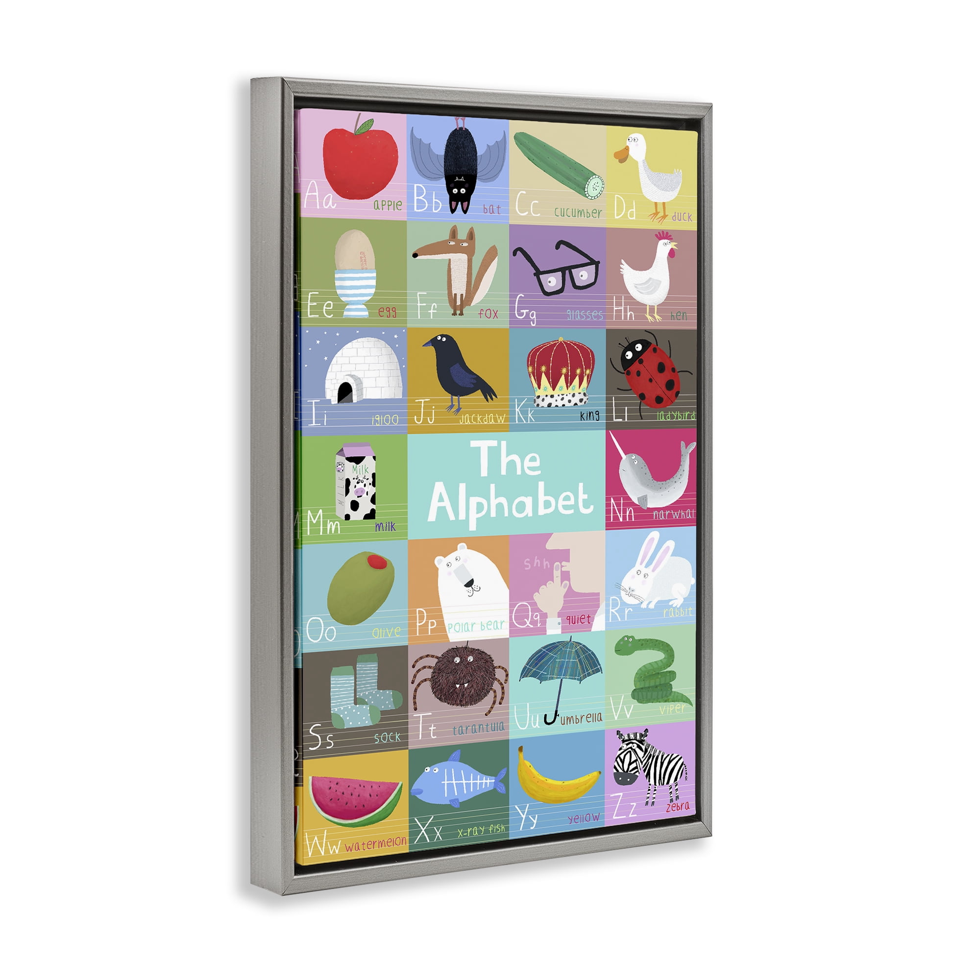 Stupell Industries First Words Alphabet Gray Framed Floater Canvas Wall Art, design by Carla Daly