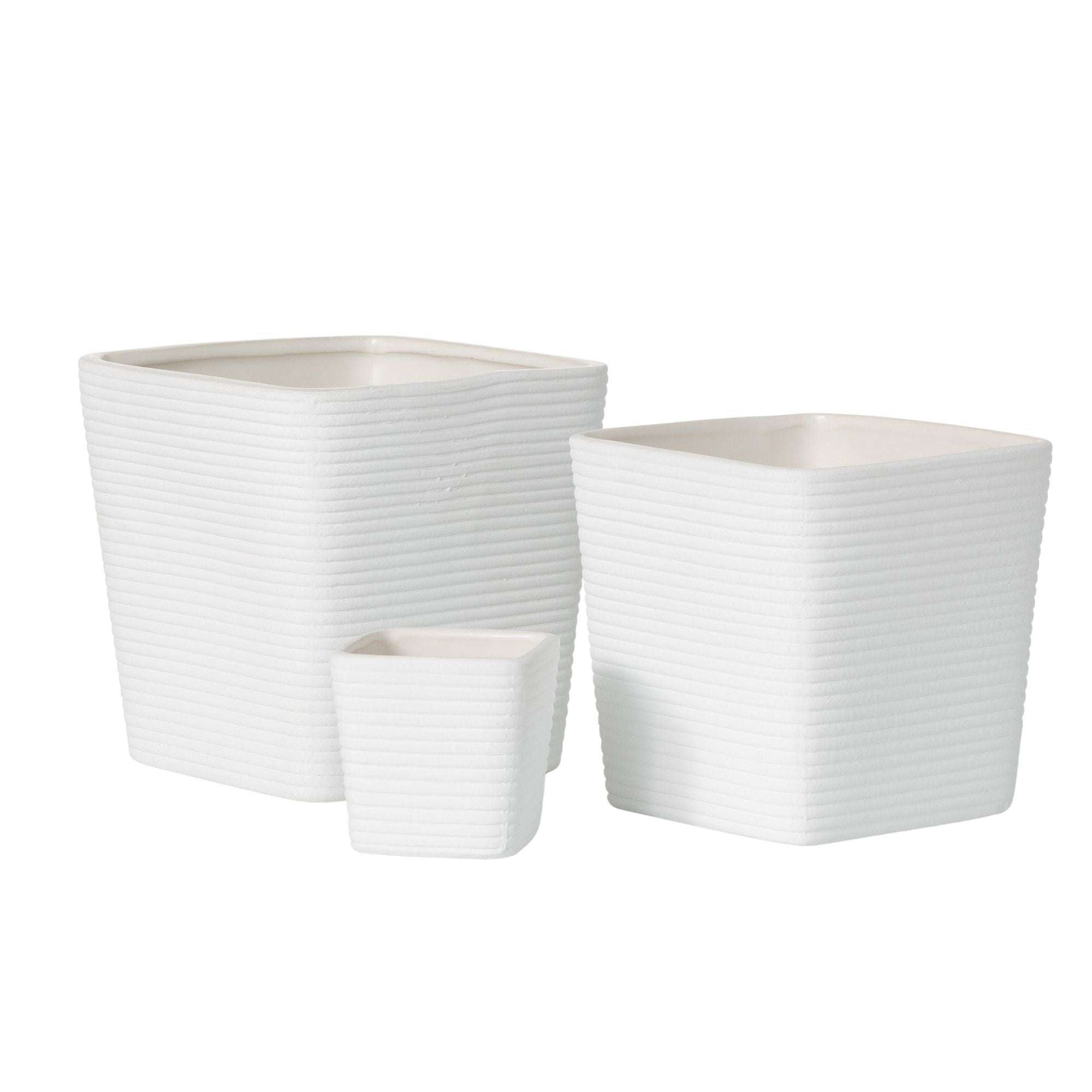 Sullivans Ribbed Square Ceramic Planter Set of 3, 6"H, 5.25"H & 3"H White