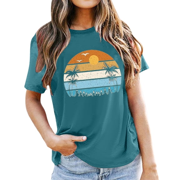 Bibifish Womens Tee Tops Casual Sunset Print Soft Delicate Crewneck Short-Sleeve Tee Tops Summer Daily Casual Streetwear Chic Wear