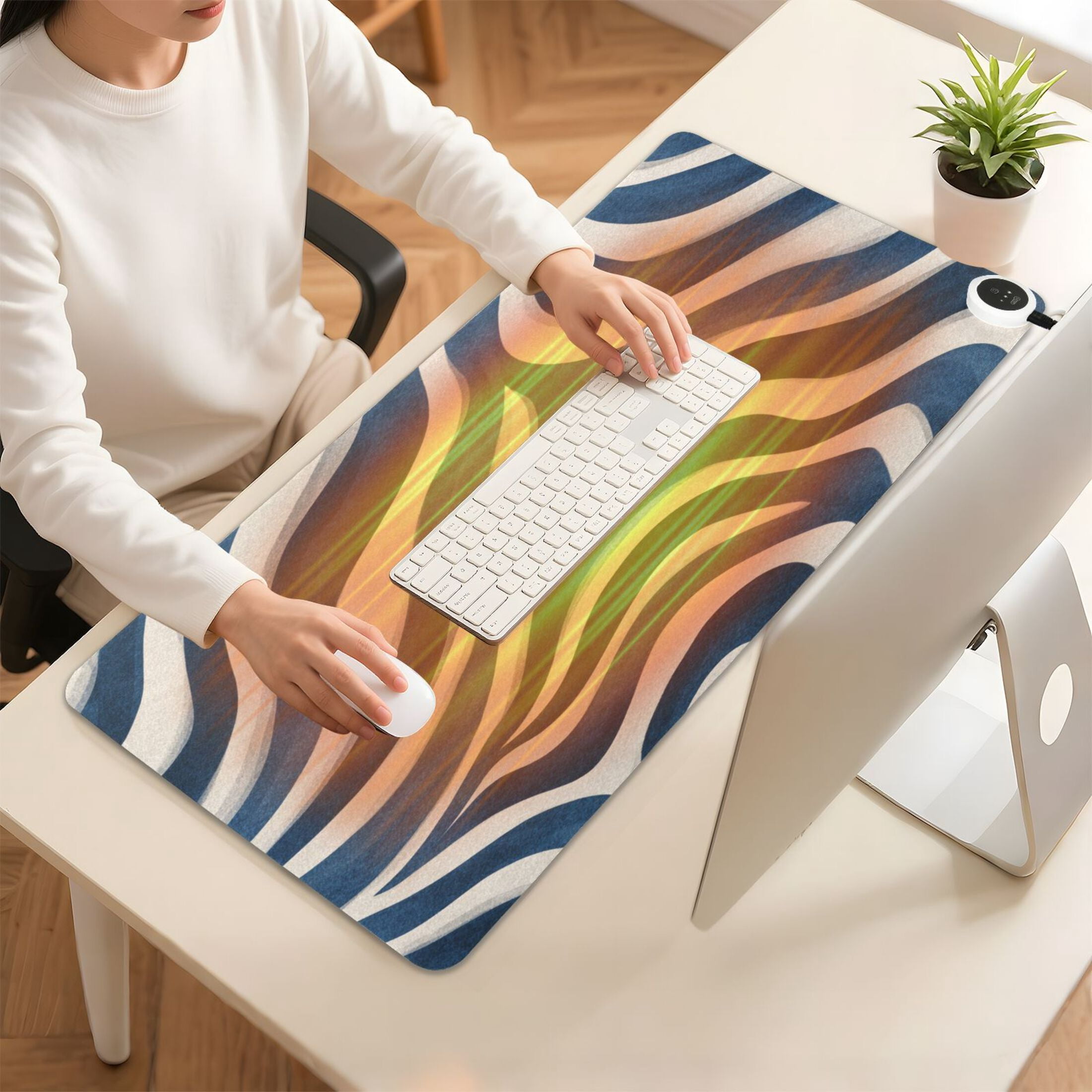 Large Heated Desk Mat Mouse Pad 31.5"x13"PU Leather Graphene Heating Desk Warmer with 3 Temperature Settings 110V US Plug Non-Slip Warm Pad for Home, Office, and Gaming Dark Blue Zebra Stripes