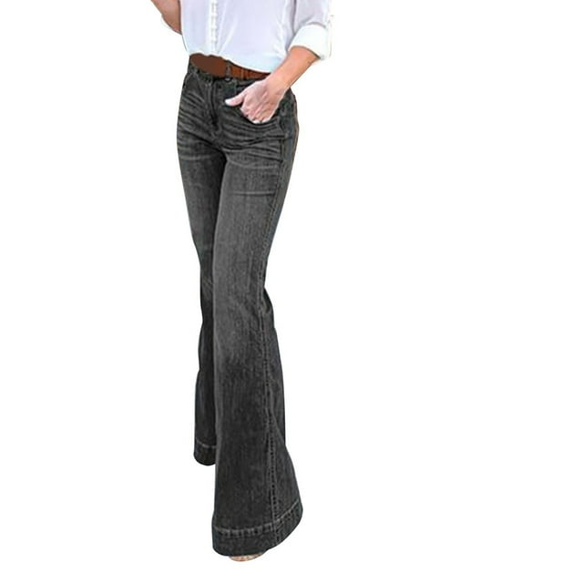 CHUANK Women‘s Plus Size Denim Flared Pants High Rise Wide Leg Bootcut Jeans Trousers with Pockets Black XL
