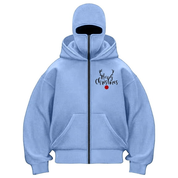 TTUHYWXI Balaclava Hoodie Cagoule Hiver Homme Winter Ski Chirsmas Hoodies With Mask Double Layer Hoodedsweatshirt Fleece Zip Hoodie (Light Blue, S)