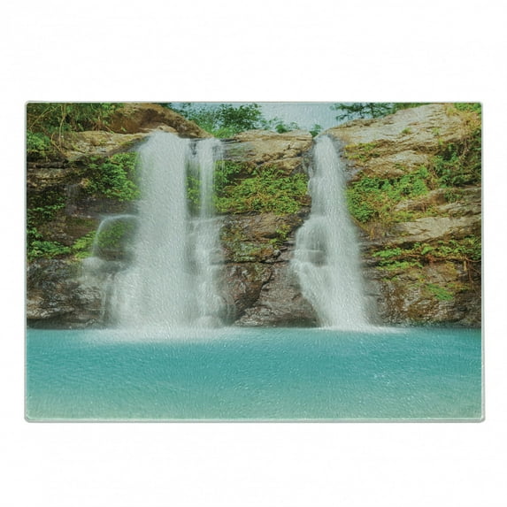 Rainforest Cutting Board, Waterfall in Tropic Rainforest Sunny Vacation Fresh Lake Waterscape, Decorative Tempered Glass Cutting and Serving Board, Small Size, Turquoise Green Brown, by Ambesonne