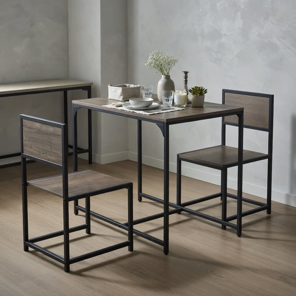 Resenkos Compact 3-Piece Dining Set: Small Table & 2 Chairs with Metal Frame, Oak