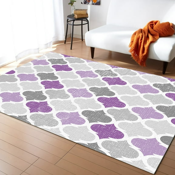Area Rugs 5x7 Ft Geometric Morocco Quatrefoil Lattice Purple Grey Non-Slip Washable Rug Indoor Rug Floor Mats Non Shedding Carpet for Living Room Bedroom Dining Room Home Decor