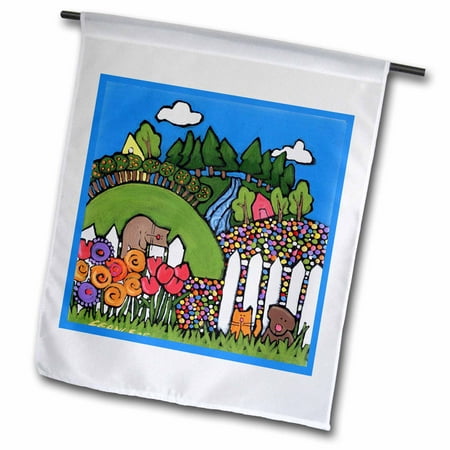 Cat Patio Fence 3dRose Dogs Cat Fence Cute Pets Animals Original Folk Art Painting - Garden Flag, 12 by 18-inch ()