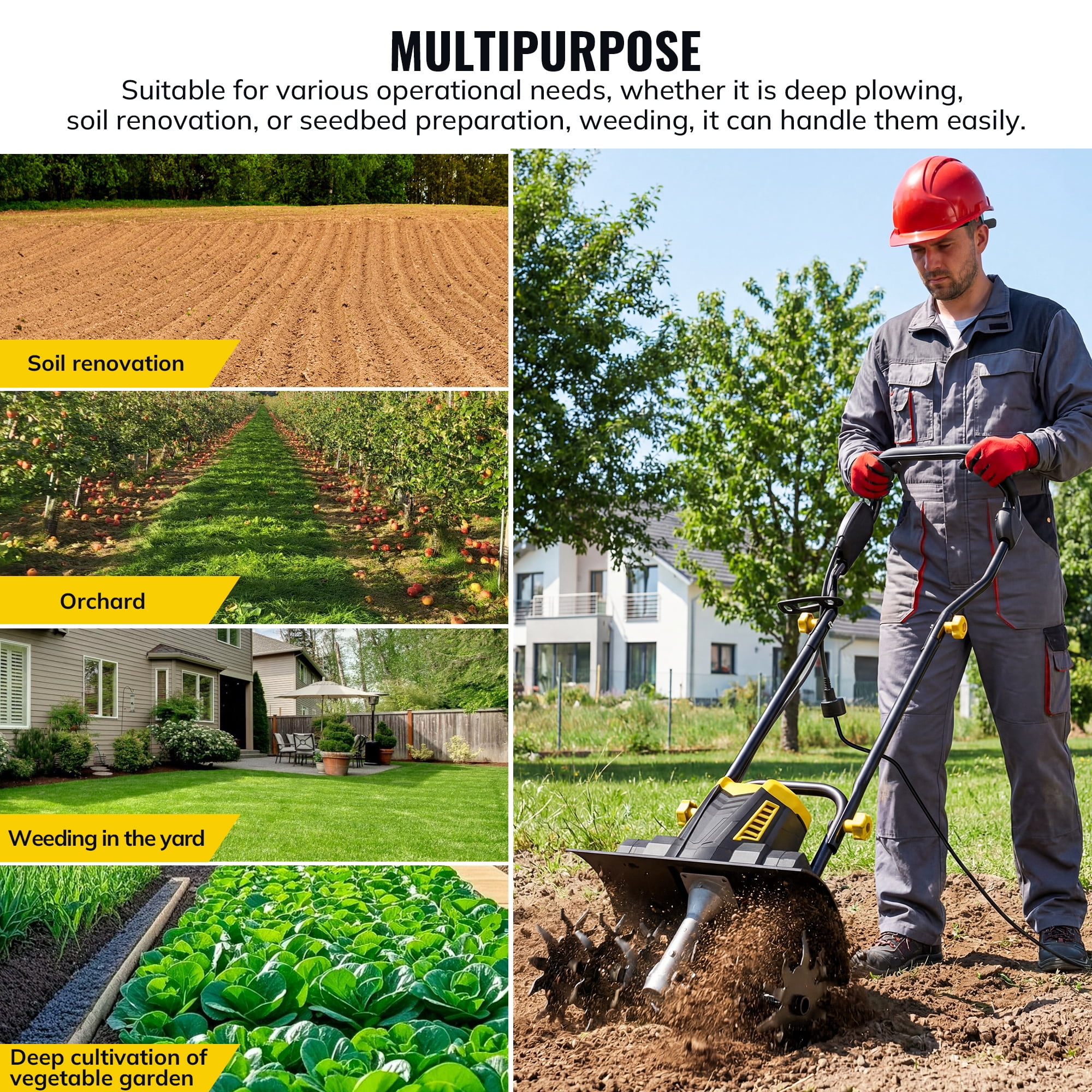 Tcisa Electric Garden Tiller, 16-in Working Width with Mudguards for Gardening Weeding Soil Cultivation, Yellow