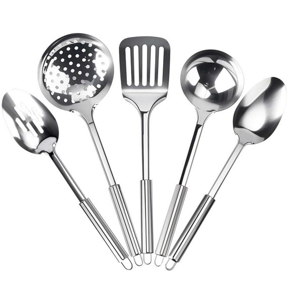 Deago 5 Pcs Stainless Steel Cooking Utensils Set Heat Resistant Kitchen Gadgets Utensil Set Includes Serving Spoon, Slotted Spatula, Large Spoon, Soup, Skimmer
