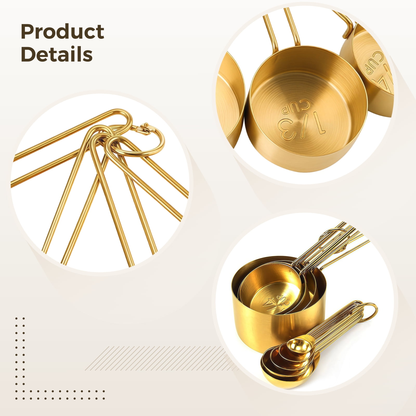 9 Pcs of Stainless Steel Measuring Cups and Spoons Set, Gold Color with Clear Scale, Includes 4 Measuring Cups and 5 Measuring Spoons for Baking, Cooking, and Coffee Measuring