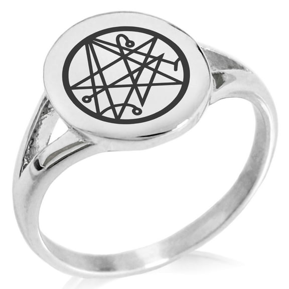 Stainless Steel Necronomicon Talisman Rune Minimalist Oval Top Polished Statement Signet Ring