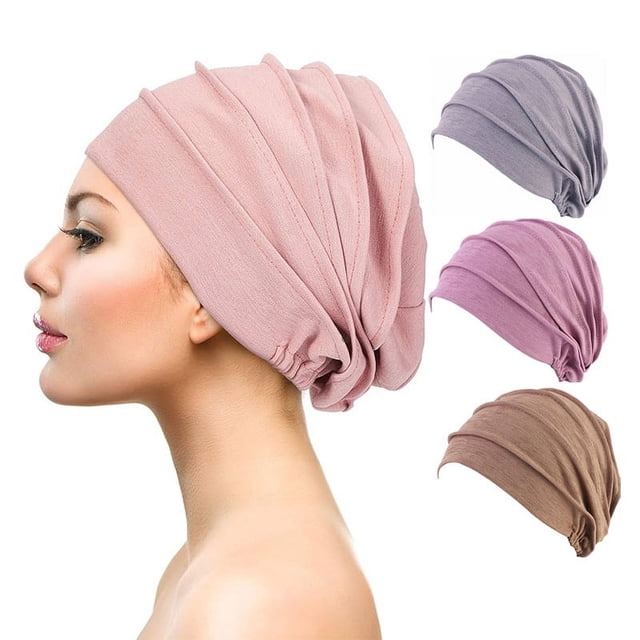 Gorro turbante elástico para mujer, gorro holgado para dormir, gorro plisado de algodón, gorro de quimioterapia, turbante africano para cabello largo y rizado
