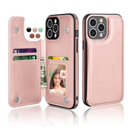 Cases for iPhone 13 / iPhone 13 Pro / iPhone 13 Pro Max 2021, Njjex PU Leather Slim Folio Flip Kickstand Shockproof Cards Holder Wallet Case Cover -Rose Gold