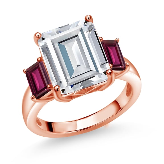 Gem Stone King 18K Rose Gold Plated Silver Red Rhodolite Garnet Ring Set with Moissanite (8.84 Cttw) (Size 6)