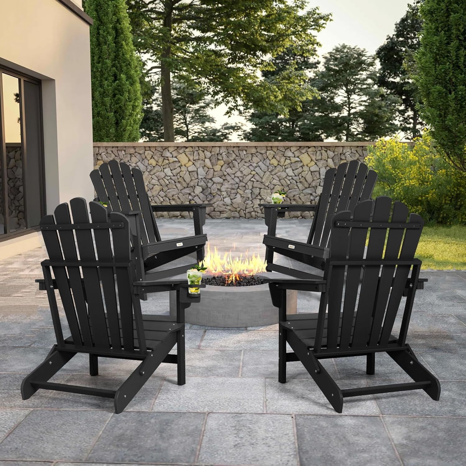 Folding Adirondack Chair, All Weather Wood Texture Fire Pit Chairs with Cupholder for Outside