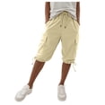 thumbnail image 3 of Vamuko Cargo Shorts Womens Knee Length Drawstring Bermuda Shorts Summer 2026 Baggy Casual Short Loose Fit Plus Size Capri Shorts with Pockets Beige 2XL, 3 of 10