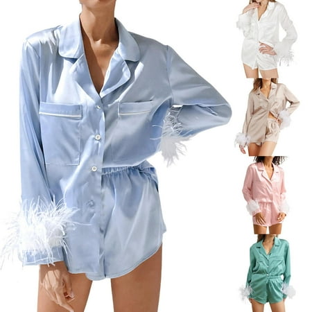 

Women s Pajamas Sets Long Sleeve|Satin Sleepwear Set with Shorts|Feather Trim Nightwear Loungewear PJs Home Wear Clothes(S-XL)