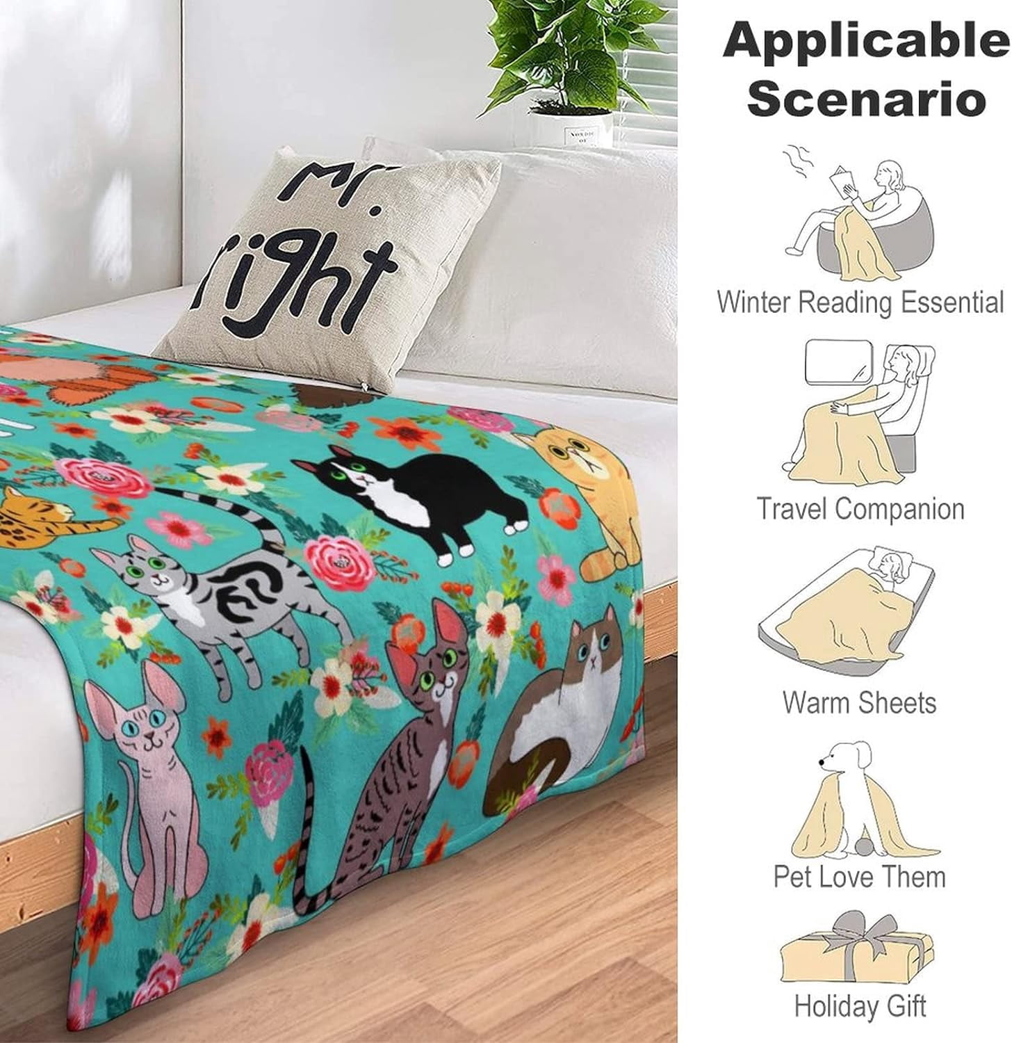 Cute Cat Blanket Kawaii Flannel Throw Blanket for Cat Lovers Kids Adults Gifts All Season 80"x60"