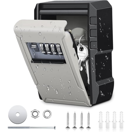 【Updated Version】Wall-mounted key lock box for safe storage of house keys resettable four-digit password suitable for indoor outdoor garage garden shop (1 pack)