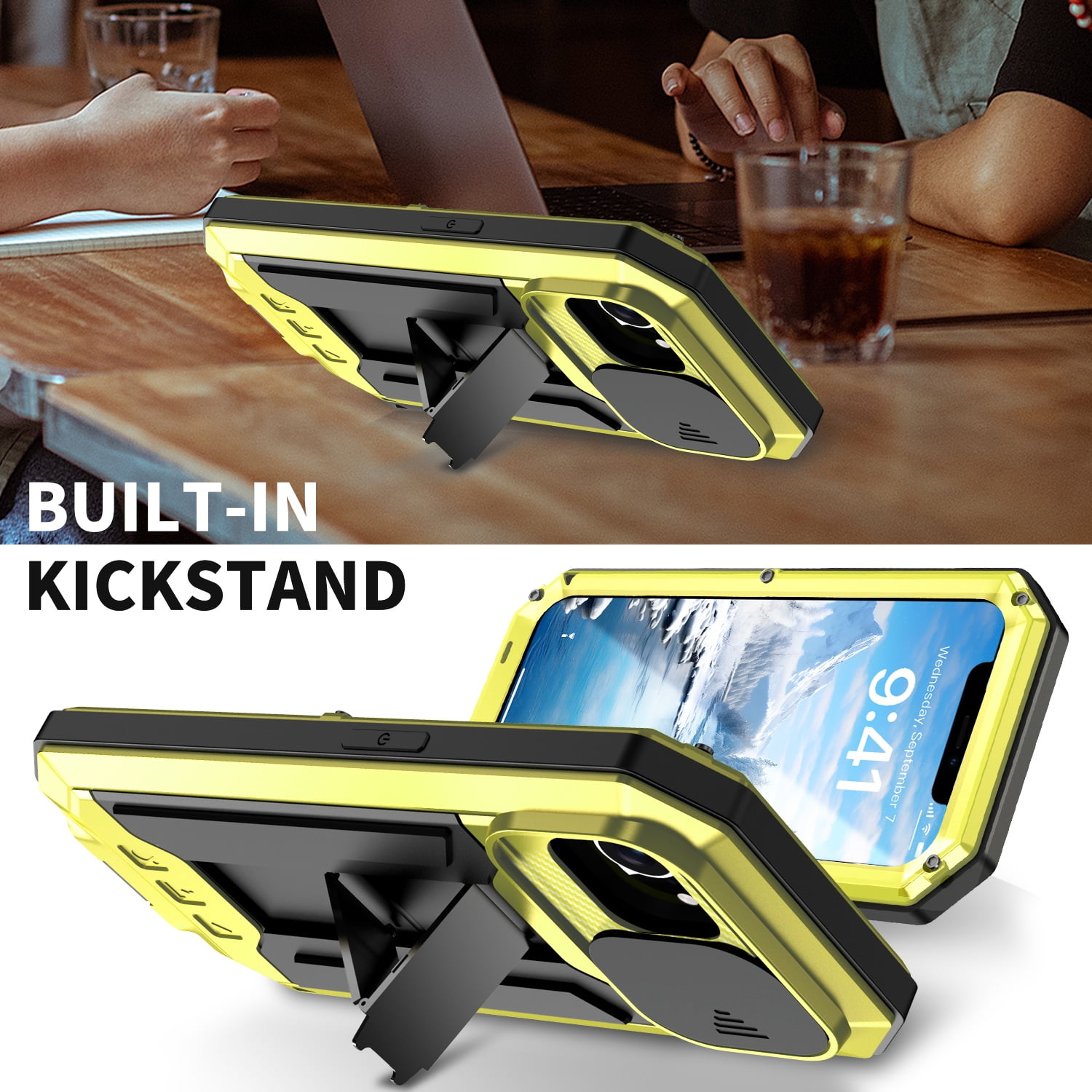 Dteck for iPhone 16E Case with Camera Cover Sliding, Heavy Duty Protection Rugged Screw Full Body Military Grade Metal Rubber with Stand Hard Built in Screen Protector for iPhone 16e 2025,Yellow