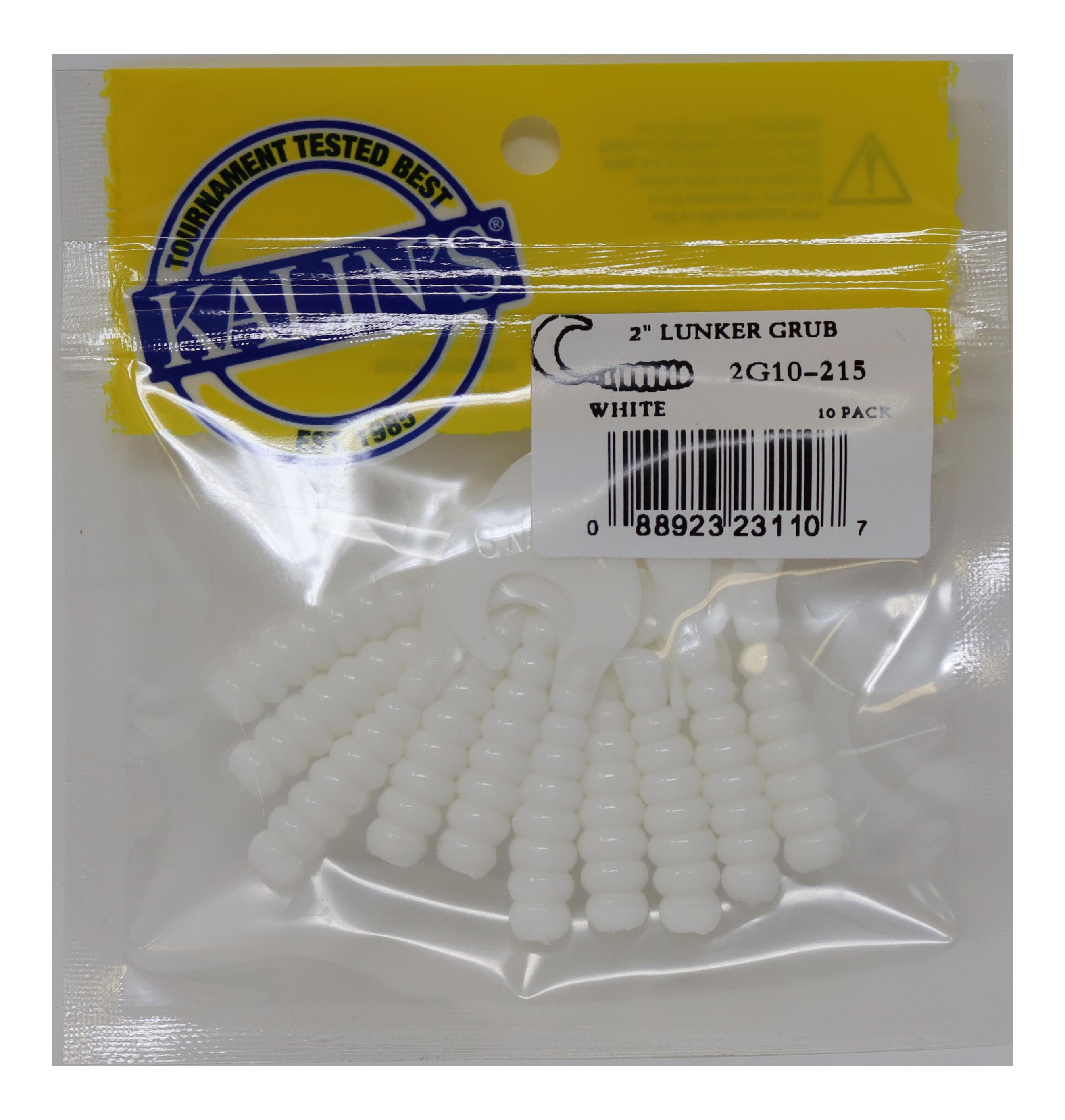 Kalin's Freshwater 2 in. Lunker Soft Plastics Fishing Lure Grub, White, Lakes River, 10pk