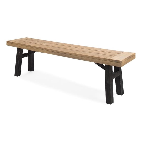Benjara Wren Outdoor Bench with Slatted Top- 63" Brown Acacia Wood- Black