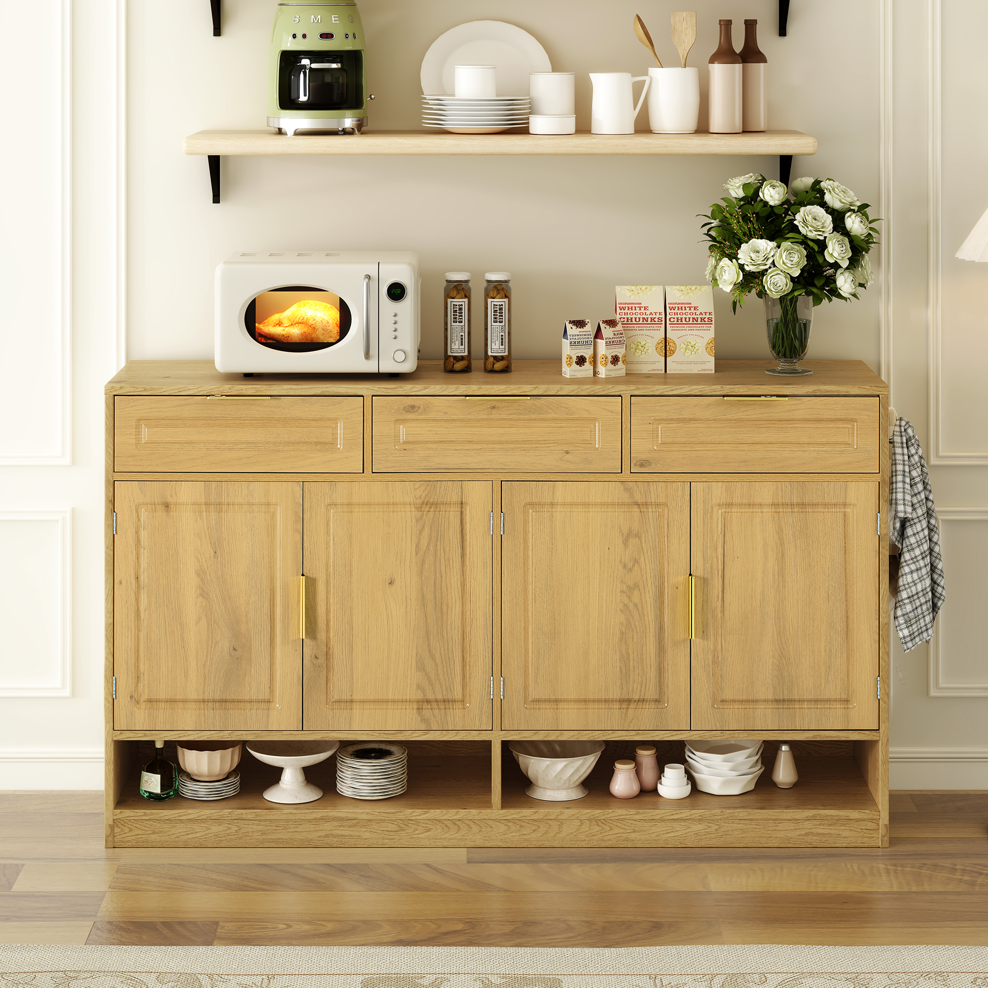 Farmhouse Sideboard with 3 Drawers & 4 Doors, 59.1" Storage Buffet with Adjustable Shelf and Open Storage Compartments, Suitable for Dining Room, Living Room, Entryway