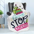 thumbnail image 4 of Book Soft Flannel Fleece Blanket, Vivid Color Cactus and Stars Behind Books with Inspirational Print Never Stop Reading, Cozy Plush for Indoor and Outdoor Use, 50" x 70", Multicolor, by Ambesonne, 4 of 5