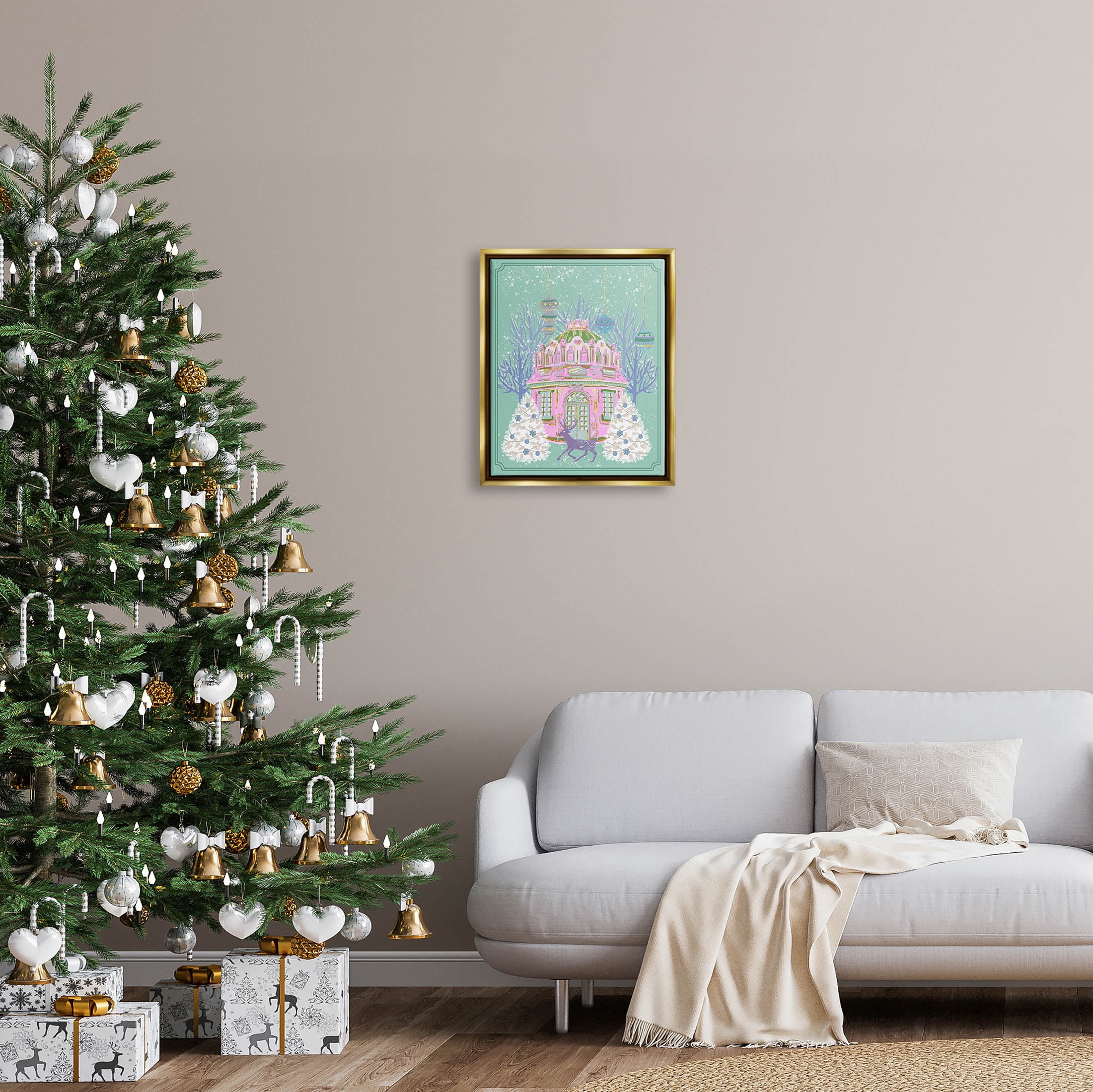 Stupell Industries Vintage Pastel Holiday Reindeer Graphic Art Metallic Gold Floating Framed Canvas Print Wall Art, Design by Melissa Wang