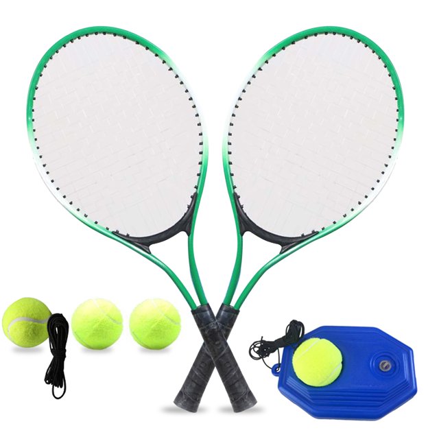 raqueta de tenis raquetas de tenis para niños con pelota de tenis, entrenador de tenis para niños principiantes Conjunto verde con dos raquetas infantiles (52 x 22 x 1.5 cm) en vista frontal cruzadas, empuñaduras negras y encordado blanco, dos pelotas sueltas, dos pelotas con cuerda y entrenador de base azul con pelota amarilla y cuerda, apto para entrenamiento y práctica en parques o canchas. También suele usarse para ejercicios de coordinación y repetición de golpes en iniciación.