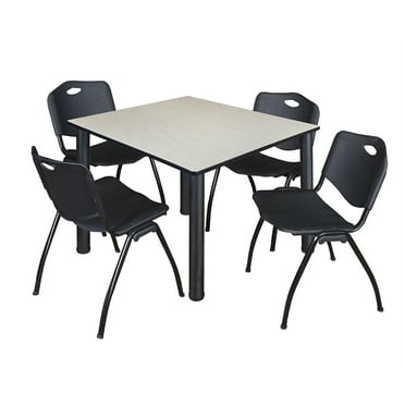 Regency Kee 48" Square Breakroom Table- Cherry/ Black & 4 'M' Stack Chairs- Burgundy