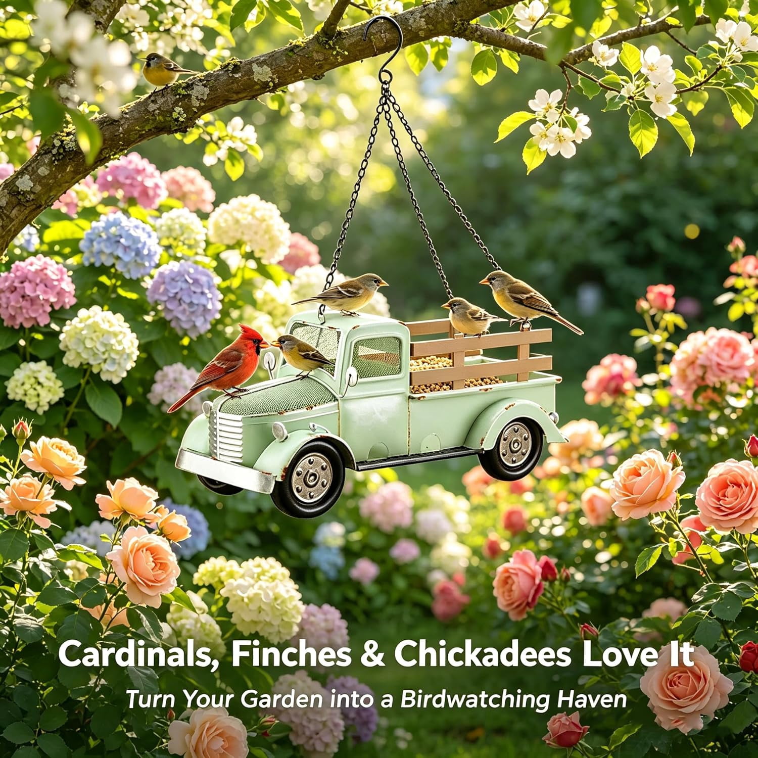 Vintage Truck Bird Feeder, Retro Pickup Rustic Farmhouse Decor for Outside, Hanging Wild Bird Seed Feeder for Garden Patio Backyard, Weather Resistant Metal, Unique Gift for Bird Lovers