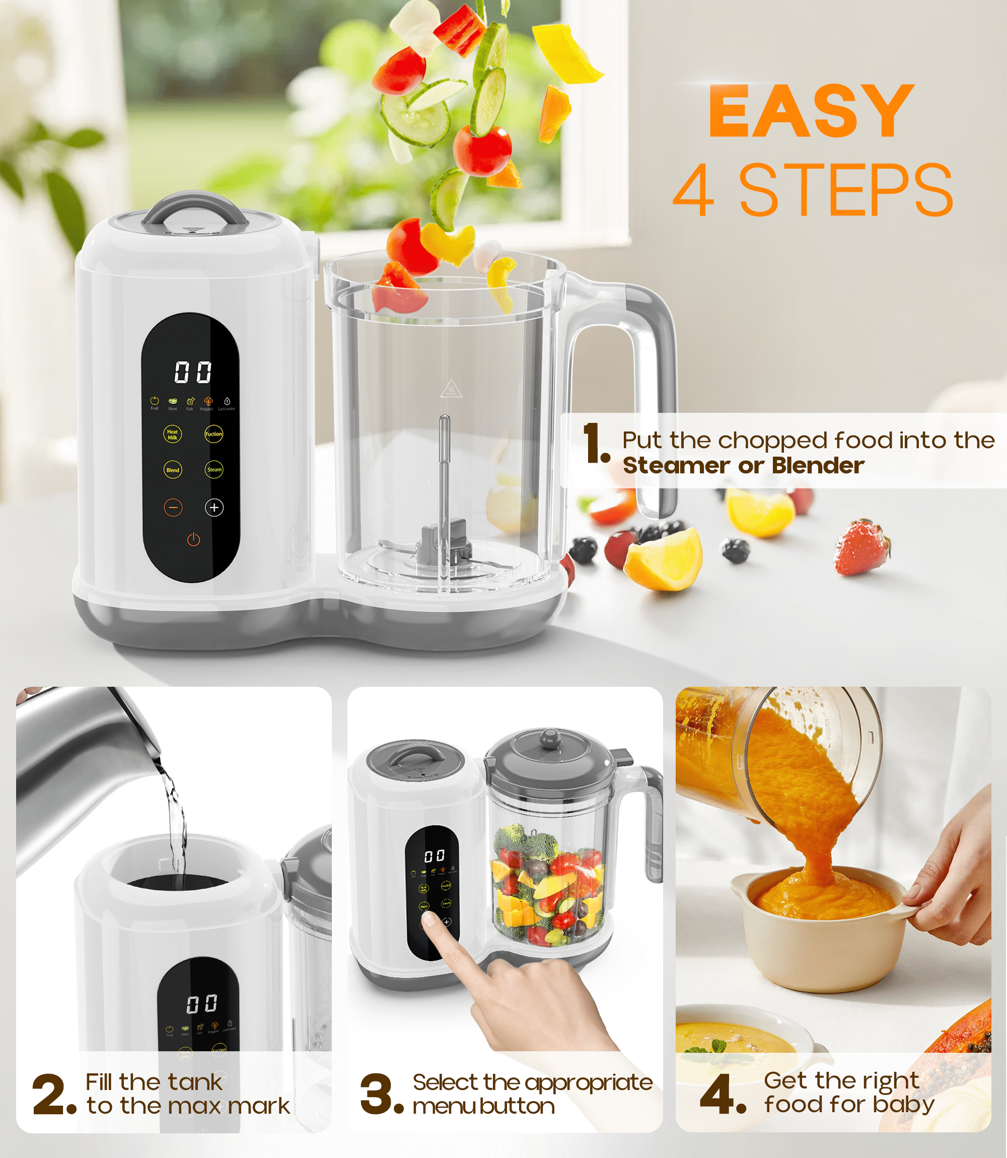 RUPOUN Baby Food Maker and Steamer, Food Processor, Blender and Puree Maker, Gift for Healthy Homemade Meals, Child, Infant, Toddler, White