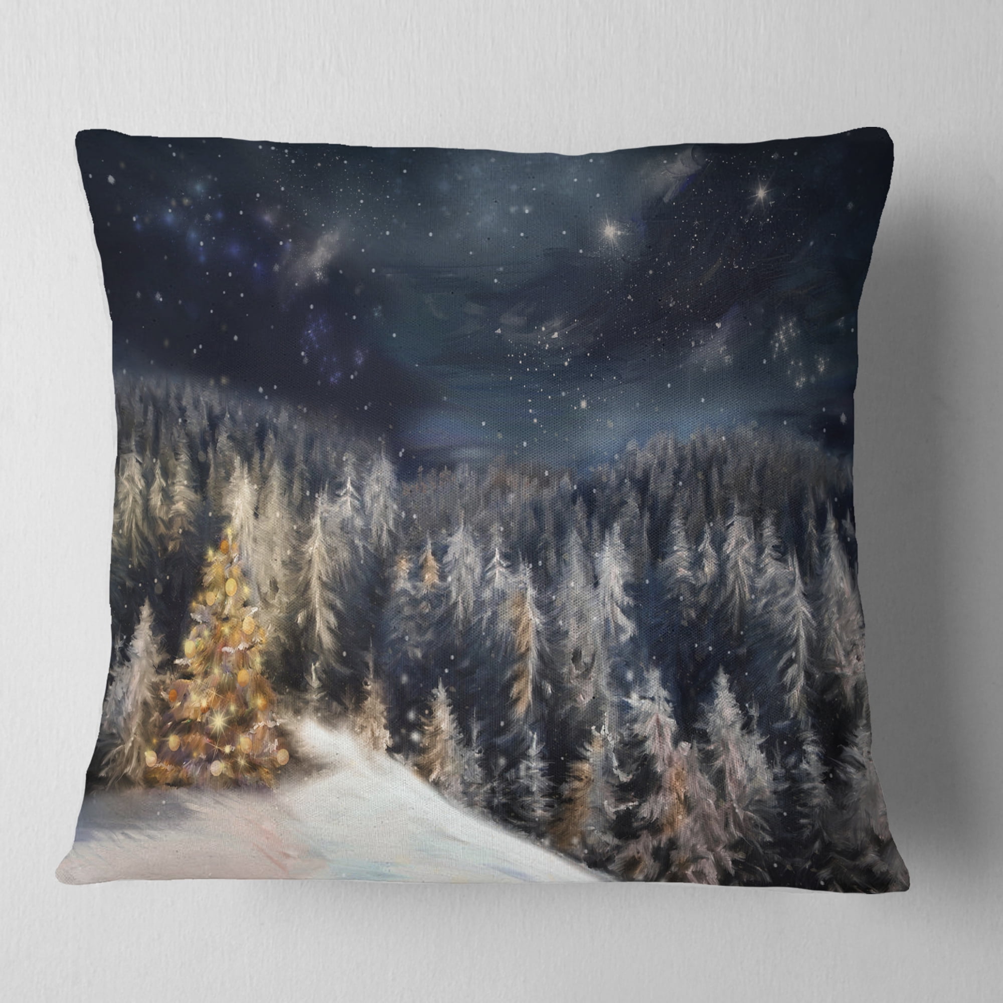 Designart Night Forest Christmas Tree - Landscape Printed Throw Pillow - 18x18