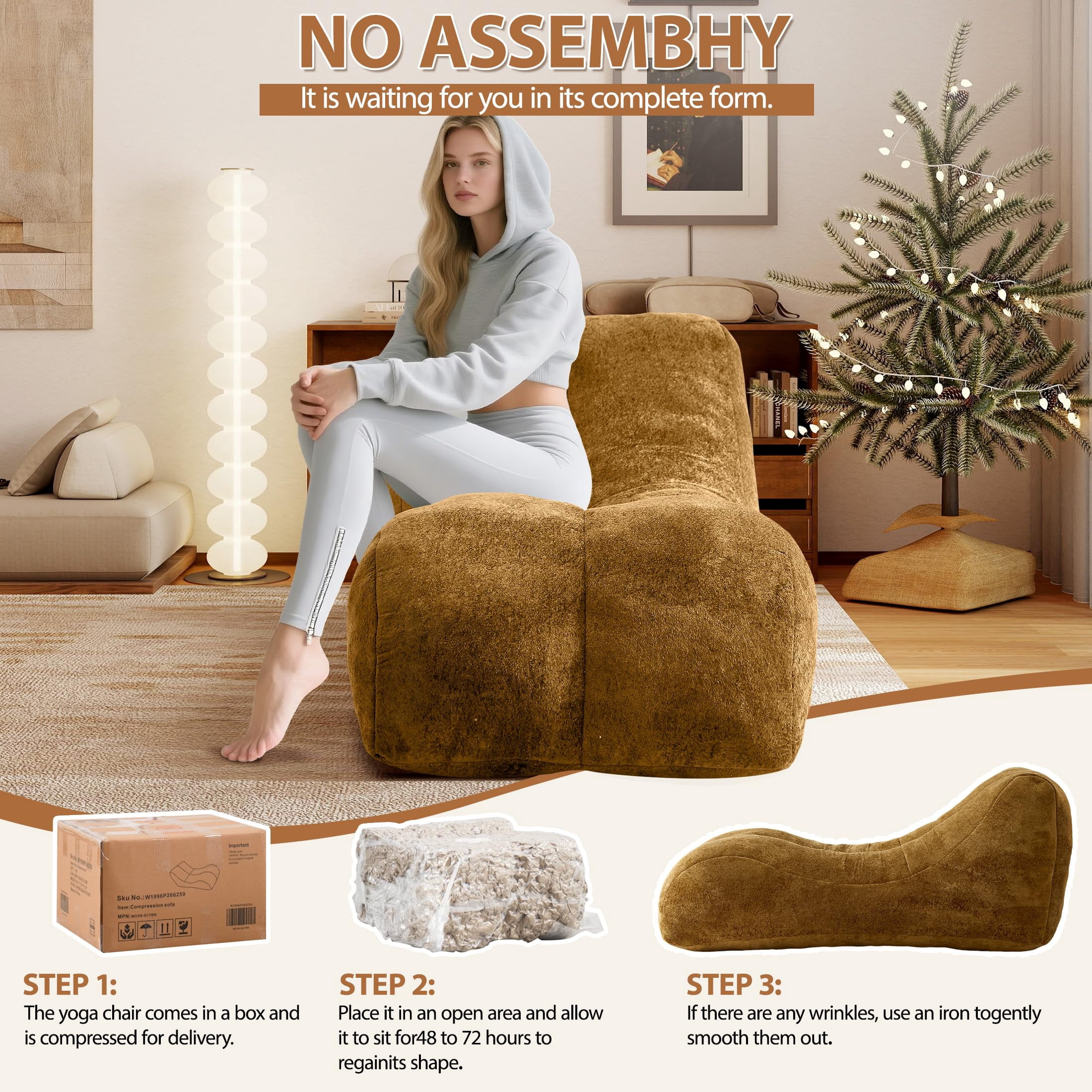 Aukfa Chaise Lounge, Bean Bag Sofa for Stretching, Relaxation, High Density Foam Recliner, Brown