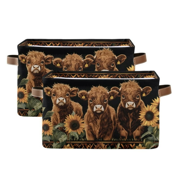 Ryvnso Highland Cow Sunflower Storage Basket Large Bin Foldable Boxes Toys Organizer 14.2x10.2x8.3in 2 PCs