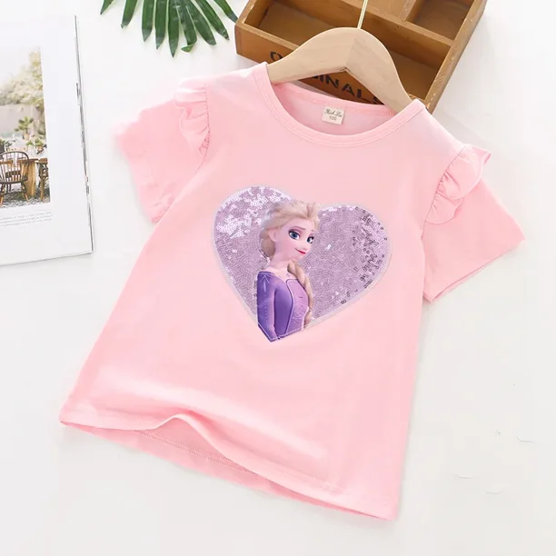 T-Shirts la reine des neiges Elsa Anna, hauts à paillettes pour enfants, T-Shirts à manches courtes, Costume de dessin animé, vêtements à la mode pour filles