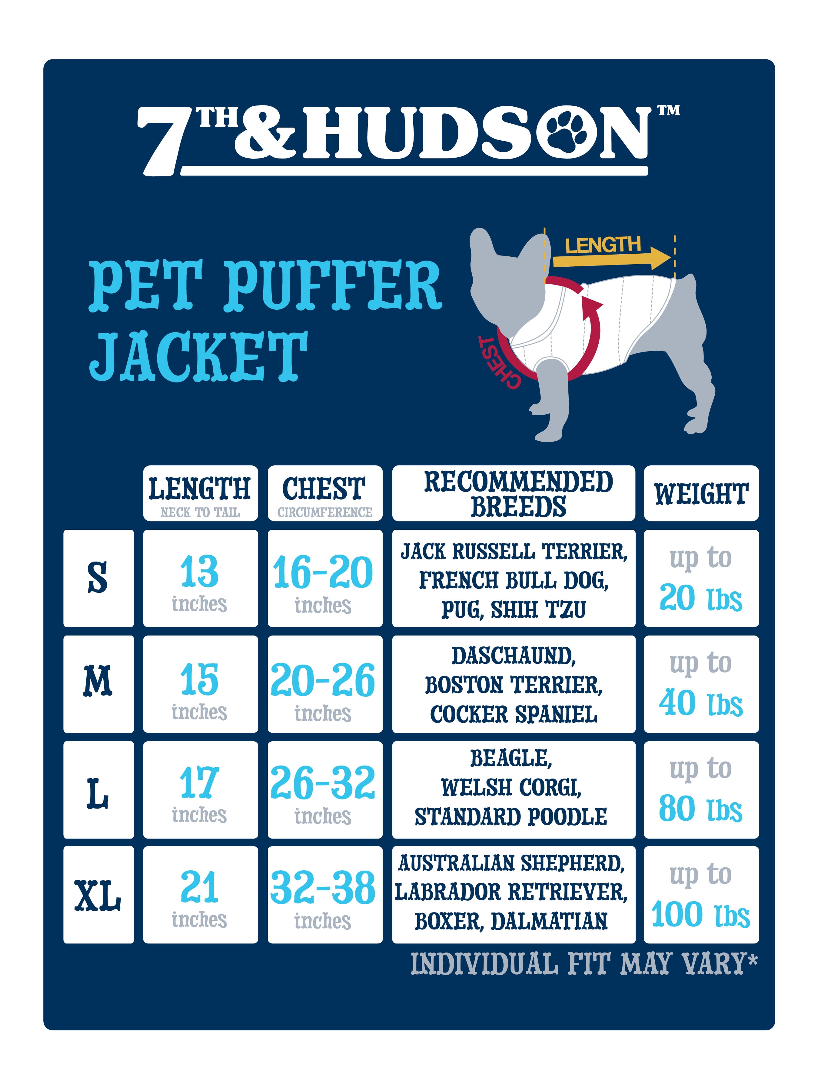 7th & Hudson Lined Puffer Vest with High Pile Fleece Shawl Collar for Dogs and Cats, Size S-XL