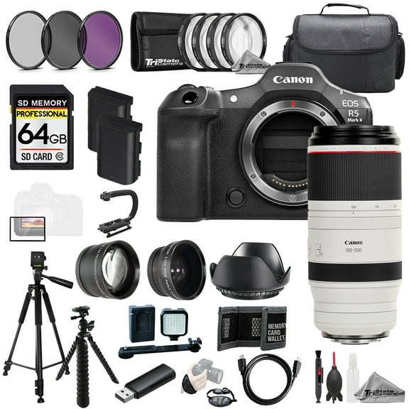 Canon EOS R5 II Camera   100-500mm f/4.5-7.1 L IS USM Lens 64GB Ext Bat 9 PC Filter-MEGA Kit (International Version)