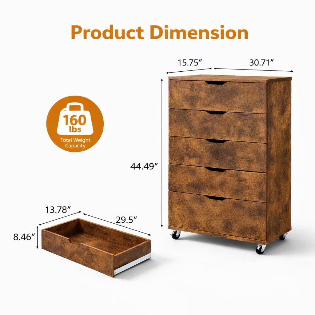 Homy Casa Rustic Brown 5 Drawer Dresser on Wheels for Bedroom Office