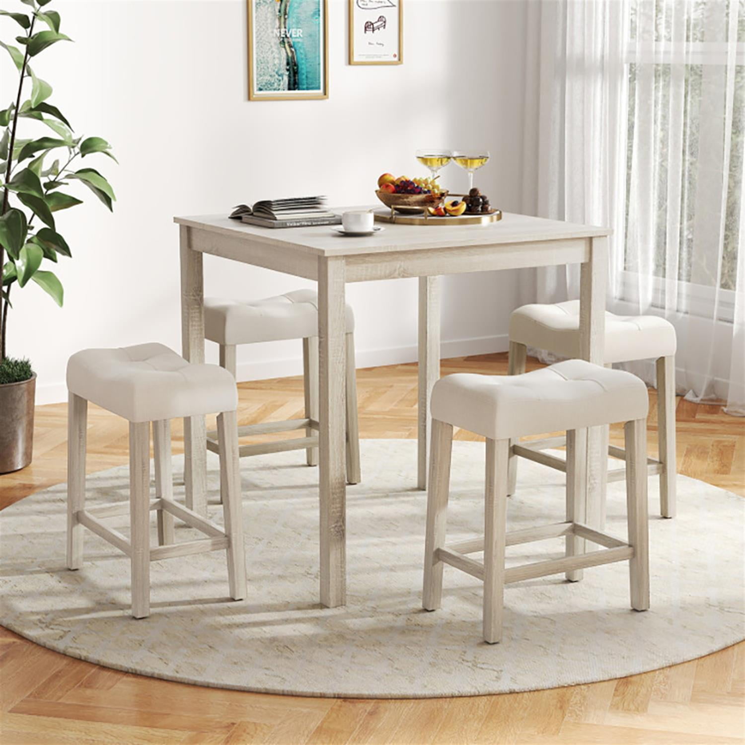 Demi Bonn 5-Piece Bar Table Set with Square Table and 4 Padded Stools, 35" Wooden Kitchen Dining Table Set, Perfect for Small Space, Gray
