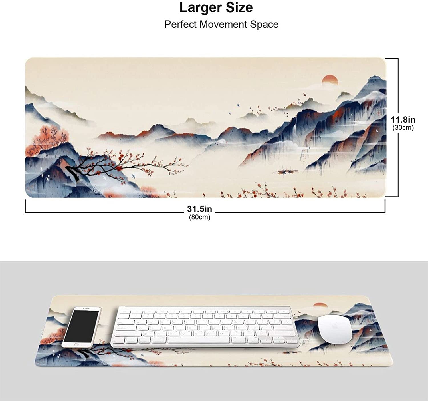 Extended Gaming Mouse Pad Large Size 31.5x11.8 inches Nonslip Rubber Base Desk Mat Stitched Edges Mousepad, Mountains